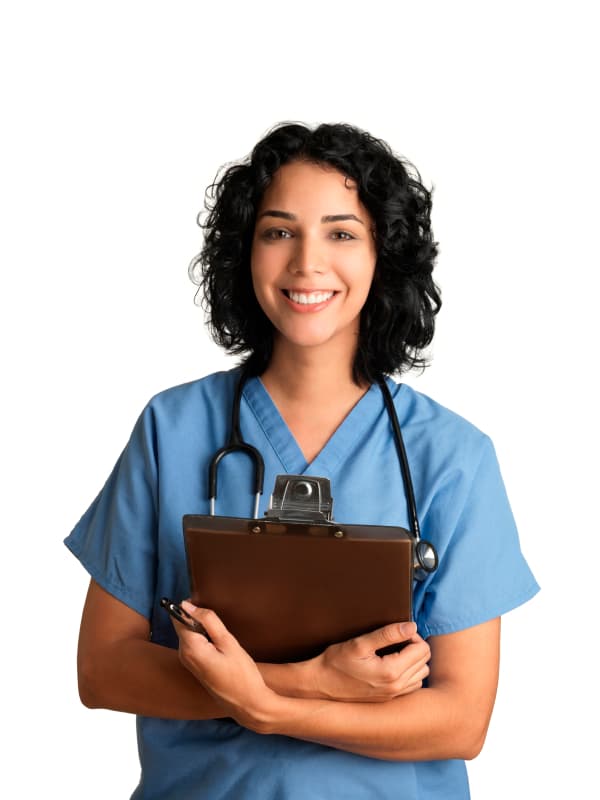 Nurse holding clip board and staring/smiling at camera.